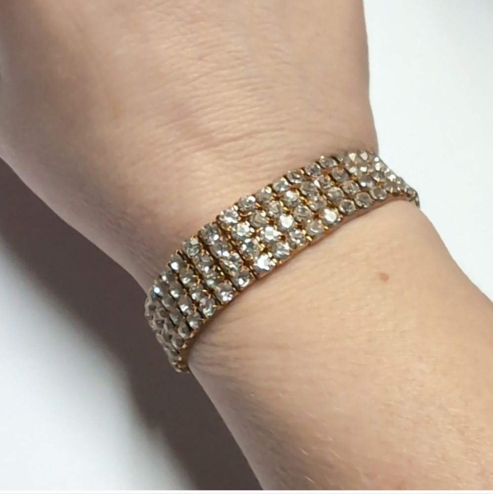 163 Four Row Gold with Crystal Rhinestones Stretch Bracelet - Picture 2 of 4